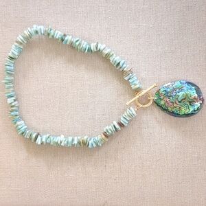 Abalone Seashell Pendant Necklace Sage Green Sea Glass 18"